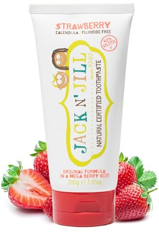 Jack N’ Jill Natural Certified Kids Toothpaste – Fluoride-Free Toddler & Baby Toothpaste with 40% Xylitol, No Sugar, Suitable from 6 Months+, Organic Mega Berry Strawberry Flavour, Pack of 1 (200g)