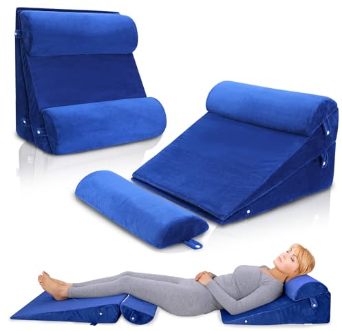 WDBBYL Bett-Keilkissen-Set, 4-teilig, zum Schlafen, Erhöhung, Unterstützung bei der Erholung nach der Suregerie, saurer Reflux, GERD, Schnarchen, waschbarer Samtbezug, Blau
