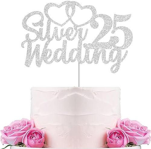 Gidobo 25th Wedding Anniversary Cake Toppers with Heart Cupcake Toppers, Glittery Silver Weddding Anniversary Heart Cake Decoration for Celebration Party Supplies