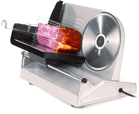 Avilia Affettatrice Elettrica da Casa con corpo in Metallo 150W: con Lama 19cm in acciaio inox, Taglio Preciso 0-15mm, Silenziosa e Sicura - Ideale per Salumi, Carne, Pane