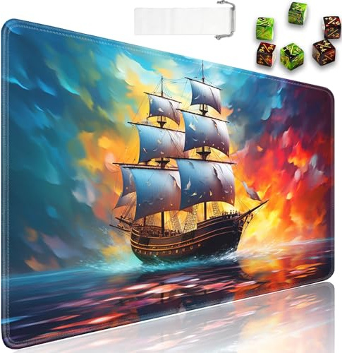 MTG Spielmatte + Reisetasche mit Kordelzug + 6 Würfelzähler, für Tisch-Sammelkartenspiele, Spielmatten oder großes Mauspad, rutschfestes Gummi, 61 x 35,6 cm, Aquarell-Piratenschiff, TCG-Spielmatte