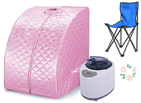 Sauna à Vapeur Portable Kit De Tente De Sauna Spa pour Une Personne Cabine De Pliage avec TéLéCommande Petite Chaise Pliante EU Plug 220V-98x80x70cm rose
