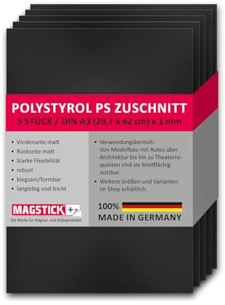 Magstick 5X Polystyrol Platten schwarz DIN A3 29,7x42 cm 1 mm - mag275 | Kunststoff-Hartplatten PS Zuschnitte für Modellbau Architektur DIY, stabil, flexibel einsetzbar