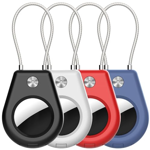Säker AirTag-hållare med trådkabel, 4-pack Air-Tag-nyckelringshållare för nyckelring, nycklar, bagage, ryggsäck, stabilt skydd för Airtag-nyckelringar – svart/vit/röd/blå