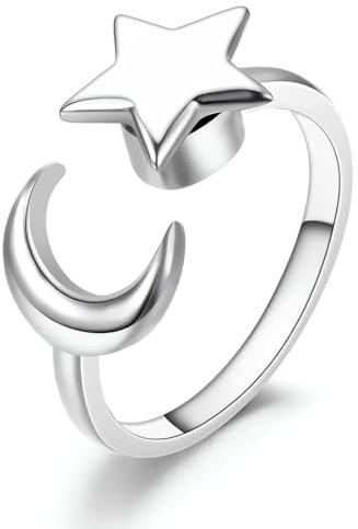 Anxiety Ring Spinner Ringe Damen Silber, Verstellbar Anti Stress Ring Mit Kristall Sterne und Mond Sonne Schmetterling für MäDchen Herren Geburtstags-Party-Geschenke,Stil E