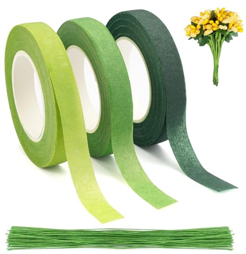 3 Rollen Floristenband,Blumenband,10M x 12mm Floral Kreppband mit 100 Blumenstieldraht,Floral Tape Stiel,Floristenband Grün Selbstklebend,Floristik Kreppband für Blumenarrangements DIY Kunsthandwerk