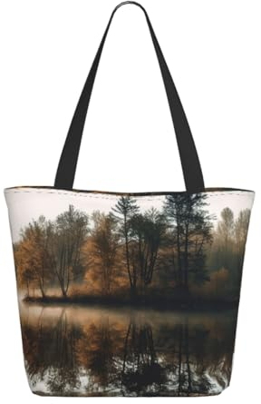 EVANEM Damen-Tragetasche mit Reißverschluss, großes Fassungsvermögen, wiederverwendbare Einkaufstasche, waschbare Einkaufstasche, Trees Reflection on a Lake, Einheitsgröße