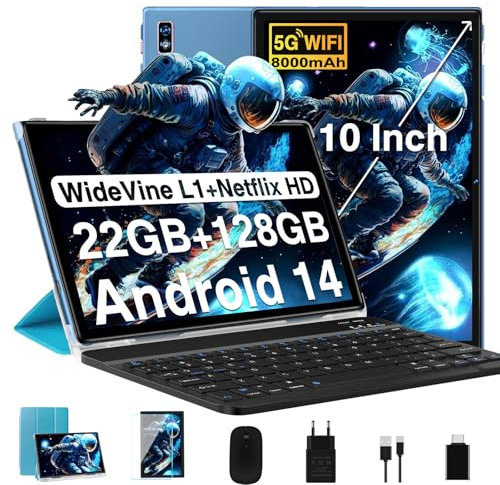 2025 Newest Tablet 10 Pollici Android 14 OS 22GB RAM+128GB ROM(TF 1TB), Octa Core 2.0Ghz /5G+2.4G WiFi/GMS/8000mAh/Bluetooth 5.0/Widevine L1/8MP+5MP/GPS/Tablet 2 in 1 con Tastiera e Mouse - Blu