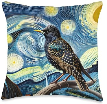 Common Starling Lover Bird Watching Birding Starry Night Art Throw Pillow