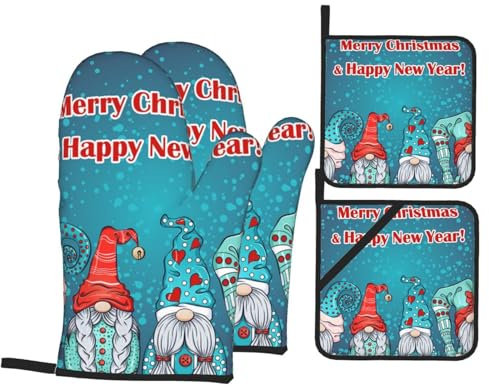 Ofenhandschuhe und Topflappen-Set, Weihnachtswichtel, hitzebeständig, Küchen-Backhandschuhe, rutschfeste Oberfläche zum Kochen, Backen, Grillen, Grillen