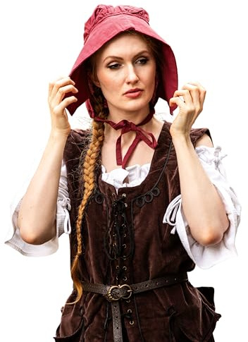 Leonardo Carbone® Damen Kopfbedeckung Mittelalter-Bundhaube Claire | Kapuzenartiger Schnitt | Lange Bänder | Karneval, Halloween, Cosplay, LARP, Haube, Hut, Mütze | 100% Baumwolle Rot
