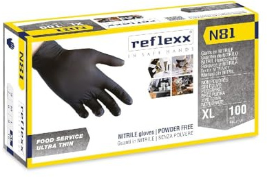 Generico Guanti Nitrile Nero Reflexx N81, Guanti Monouso Nitrile (100/300/1000 Pezzi) Guanti Usa e Getta per Alimenti, Uso Ho.Re.Ca. (100 Pezzi, Taglia XL)