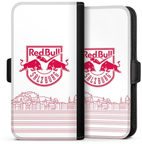 Flip Case kompatibel mit Apple iPhone 16 Handyhülle aus Kunst Leder schwarz Klapphülle Eishockey Skyline EC Red Bull Salzburg