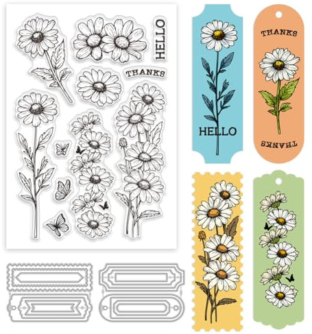 GLOBLELAND Gänseblümchen Lesezeichen Silikonstempel und Stanzformen Set Für Kartenherstellung Blumen Schmetterling Klare Stempel Und Stanzformen Set Für DIY Craft Scrapbooking Grußkartendekoration