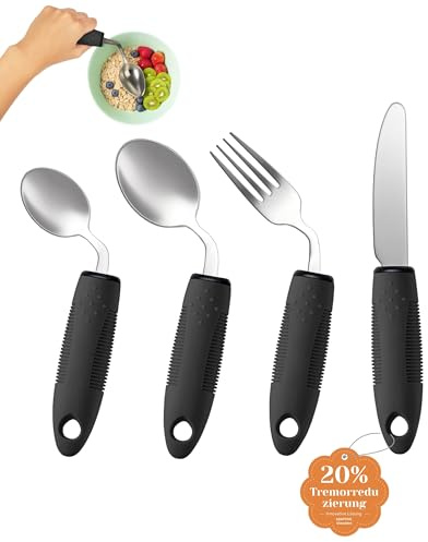 CuraVita - Set de Utensilios Adaptativos (4 Piezas) - Cubiertos Pesados de 3 oz y 42° de Inclinación para Parkinson, Temblores en las Manos y Artritis (Para Diestros)