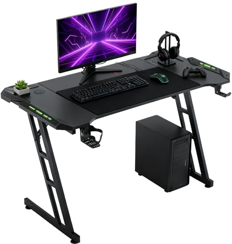 Suusonly Gaming Tisch Profi, 160x60cm Bürotisch & Computertisch mit Getränkehalter, Ergonomischer PC Schreibtisch Gaming, Höhenverstellbarer Schreibtisch Gaming für Gamer, Schwarz -ohne LED