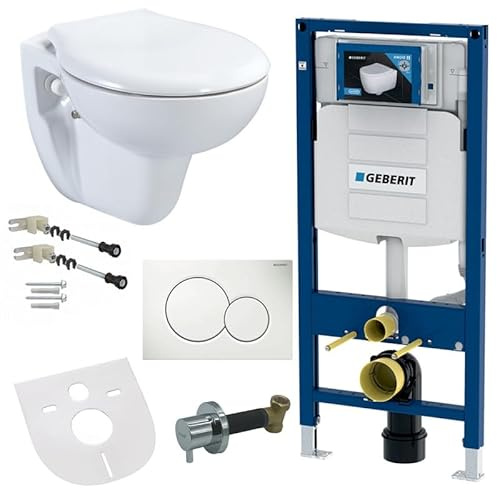 Belvit WC suspendu complet avec fonction bidet, WC mural blanc avec élément de paroi Taharet et UP320, vanne d'arrêt, céramique sans rebord, siège de WC avec couvercle Softclose et plaque de