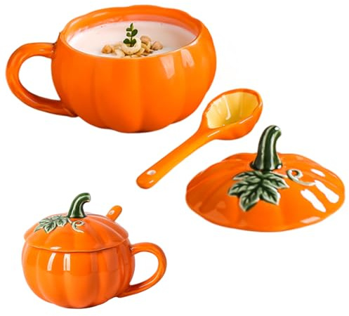 Joygoodta Tasse de citrouille avec couvercle et cuillère en céramique, tasse de citrouille d'Halloween résistant à la chaleur avec poignée ergonomique pour le lait, café, petit déjeuner Halloween
