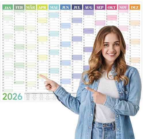 Kalender 2026 Wandkalender A1 gefaltet (84.1 x 59.5 cm), 12 Monate: Jan - Dez 2026, Wandplaner mit Deutschet Feiertage, Großer Jahresplaner - modern für Familie, Büro