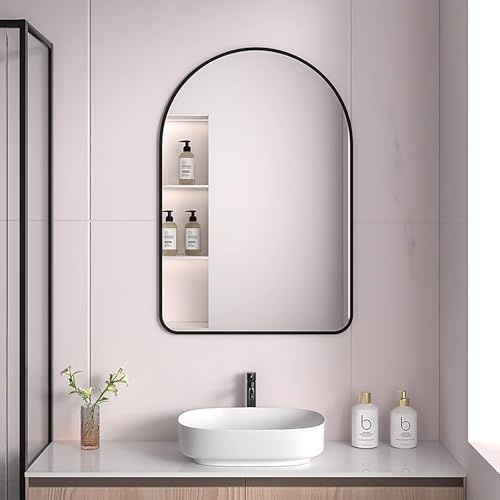 HZXYchen Arched Wall Mirror with Black Brushed Metal Frame | 30x40cm, Shatterproof, Mount or Lean | for Bathroom, Bedroom & Entryway Decor