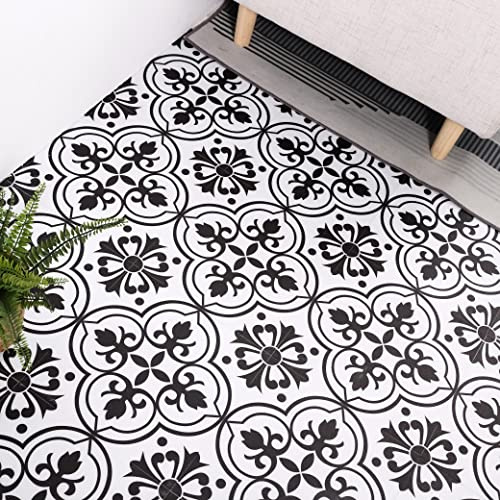 Alow Peel and Stick Floor Tile Waterproof, Black and White Flower Floor Tile Easy to Paste, Vinyl Flooring for Bedroom, Living Room Kitchen and More（11.8Inx11.8Inx30pcs）