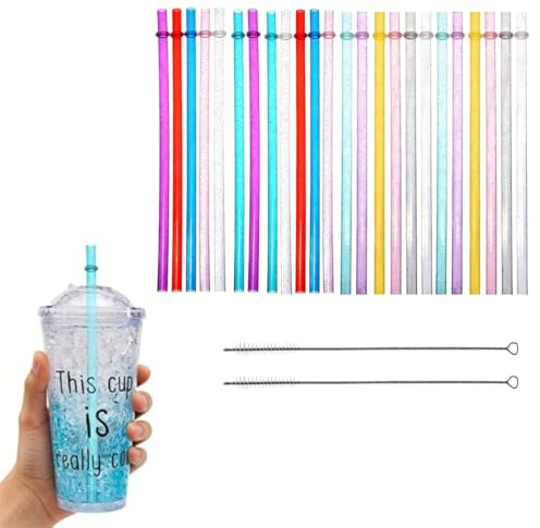 24 unidades Pajitas Reutilizables, Pajitas 100% reutilizables plástico rígido transparente con purpurina 23 cm cepillos de limpieza colores surtidos bebidas frías calientes fiestas hogar reuniones