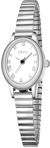CIVO Vintage Armbanduhr Damen Kleine: Oval Gehäuse Römisches Zifferblatt Analoge mit Elastisches Armband - Zarte Silber Damenuhr Geschenke zum Jahrestag Valentinstag