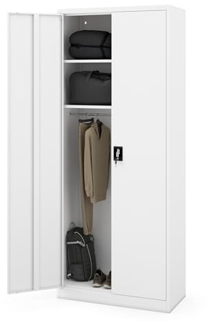 Jan Nowak Metallschrank abschließbar Mehrzweckschrank hoch Werkstattschrank Lagerschrank mit Kleiderstange und Fachböden Umkleideschrank 220 x 90 x 45 cm Weiß