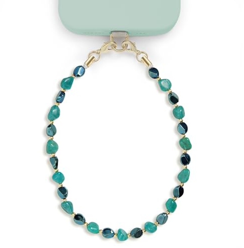 Posadina Handykette aus Naturstein, Handmade kurzer Handyanhänger mit Perlen, Beaded Handyband Phone Charm mit passgenauer Lasche