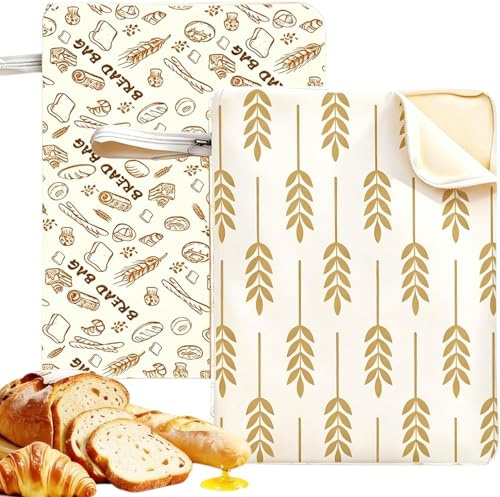 2 Stück Bienenwachs Brotbeutel mit Reißverschluss 43x32CM Wiederverwendbare Brotsack zum Frischhalten Brotaufbewahrung Leinen Bienenwachsfutter für Brot & Gebäck