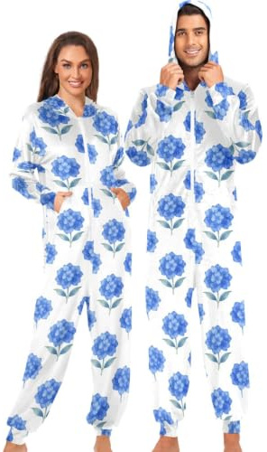GuoChe Pyjama une pièce pour adulte avec ourlets resserrés et poche kangourou, Aquarelle Bleu Violet Hortensia, L