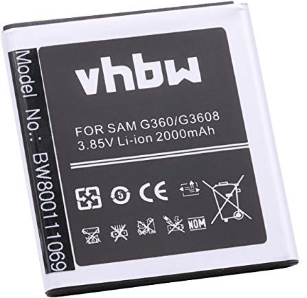 vhbw Akku kompatibel mit Samsung Galaxy J2 Duos LTE | J2 Duos, Win 2 Duos TV Handy Smartphone Telefon (2000 mAh, 3,85 V, Li-Ion)