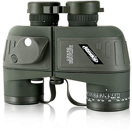 Aomekie 10 x 50 Erstklassiges sich hin- und herbewegendes Marinemilitär-Fernglas mit internem Entfernungsmesser und Kompass-wasserdichtem, Armee-Grün, für Navigation, Bootfahrt, Fischen, Wassersport, Jagd