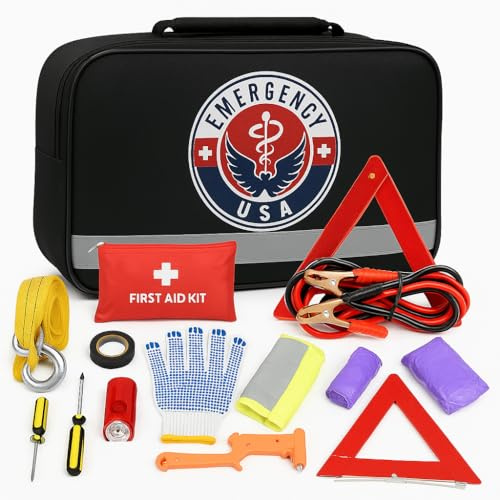 Asistencia en carretera AUTO Kit de emergencia + botiquín de primeros auxilios Jumper Cables, cuerda de remolque, luz de flash LED, impermeable, medidor de presión de neumáticos, chaleco de seguridad