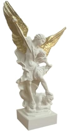 Eurofusioni Saint Michel Archange Statue - Figurine avec Couronne, épée et Ailes dorées peintes à la Main - H 21 cm