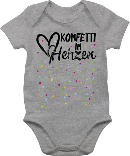 Baby Body Junge Mädchen - & Fasching - Konfetti im Herzen I Köln Karneval I Confetti - 3/6 Monate - Grau meliert - faschingsstrampler fastnacht herz babybody faschings bodies 80er jahre outfit