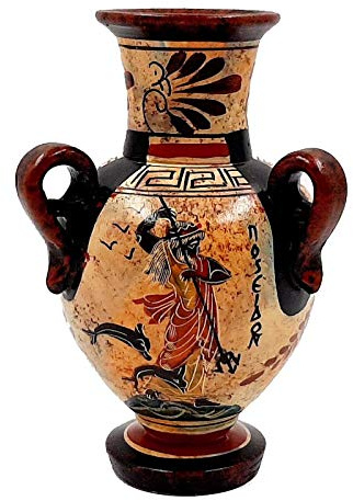 Αnfora griega antigua de 17 cm, multicolor, dios Poseidón, diosa Atenea