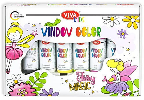 Viva Decor KIDS Window Color Set Fairy Magic (6 Farben à 90 ml) Geschenkset Window Color Set Kinder mit 6 Fensterfarben in Geschenkverpackung mit 15 Motiven - Made in Germany
