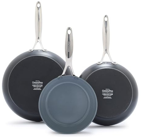 Greenpan Valencia Pro Hard Anodized 3 Piece Fry Pan Skillet Set, Ceramic Nonstick 8 9.5 and 11 Induction Suitable Frying Pans, PFAS-Free Cookware, Dishwasher Safe, Oven and Broiler Safe, Gray