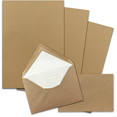 25x Briefpapier-Sets DIN A4 mit C6 gefütterten Briefumschlägen, Nassklebung - Kraftpapier Braun - Recycling-Schreibpapier und Kuverts mit weißem Seidenfutter