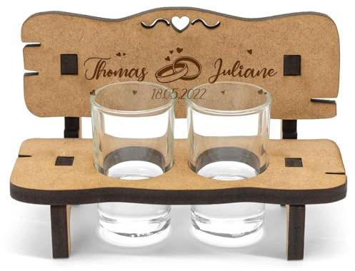 GRAVURZEILE Gravierte Schnapsbank - Wedding Design - Gravur personalisiert mit Name & Datum - aus MDF Holz - incl. 2x Schnapsglas - Geschenk für Sie & Ihn zum Valentinstag Geburtstag Weihnachten