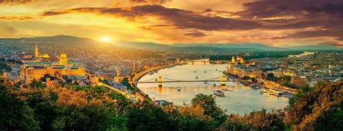 adrium Holz-Bild 130 x 50 cm: Panoramablick auf Wahrzeichen von Budapest bei Sonnenuntergang, Ungarn (161105570)