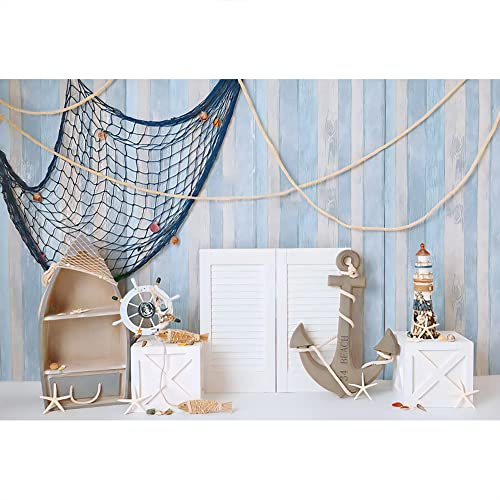 Aoihrraan 2,2x1,5m Náutica Ancla Telón De Fondo Azul Bebé Madera Tablero Blanco Férula Red De Pesca Timón Torre De Luz Barco Fondo Fotografía Bebé Ducha Marinero Niños Cumpleaños Cabrito Retrato Foto