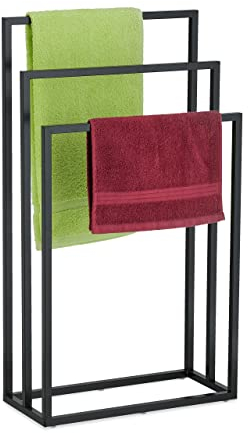 Relaxdays Handtuchständer, 3 Stangen, Stahl, H x B x T: 82,5 x 46 x 21 cm, stehender Duschtuchhalter fürs Bad, schwarz