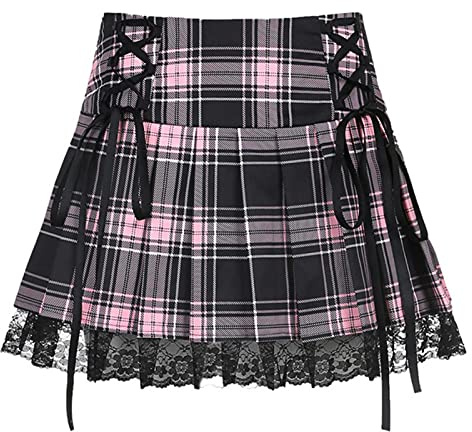 LNSIN Hög midja mini gotiska kjolar kvinna Y2K estetisk vintage spets lappverk rutig kjol gotisk mörk knytbar veckad kjol