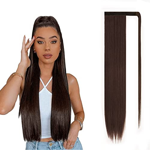JJstar Postiche Queue de Cheval Extnsion Cheveux 70cm Longue Raides Wrap Around Extension Fausse Queue de Cheval a Clip pour Femmes Fille Rajout Cheveux(Brun Foncé)