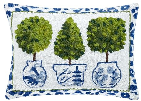 Peking Handicraft Topiaries with Leopard Print Border Hooked Wool 20 x 14 Throw Pillow with Polyfill Insert, Blue/White/Multi