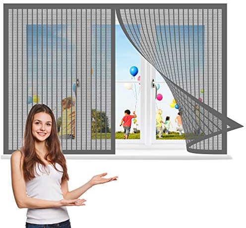 Rideaux anti-moustiques 165 x 125 cm, Rideau de Moustiquaire Aimant avec Bande, Kit d'installation Pour Fenêtre Portes Patio, Gris