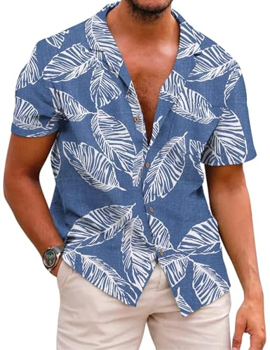 COOFANDY Hawaii-skjorta män linneskjorta bomull Hawaii kortärmad skjorta fritid sommar button down skjortor för män, L-palmblad, S