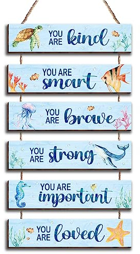 Kadiak 6 Pcs Ocean Decor Kids Room Placards of Wood Decor, Watercolor Ocean Inspirational Positive Quotes Works of art of Wood Wall Art Hanging Sign for Teens Children Bedroom Princess Toddler Room